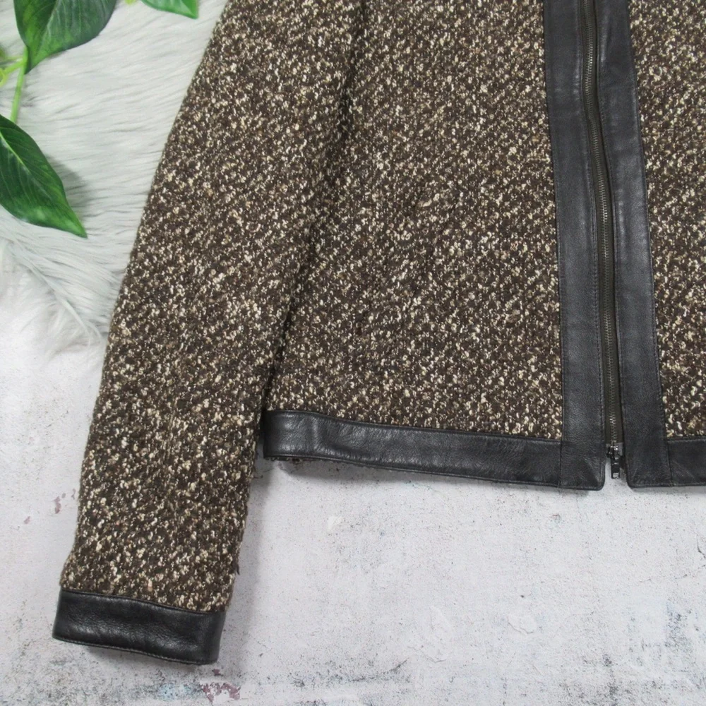 JONES NEW YORK Brown Vintage Leather & Tweed Zip Front Jacket Women’s Size 8